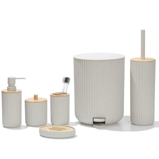 Ribbed matte Ivory 6-piece bathroom accessory set with bamboo accents, step trash can and toilet brush