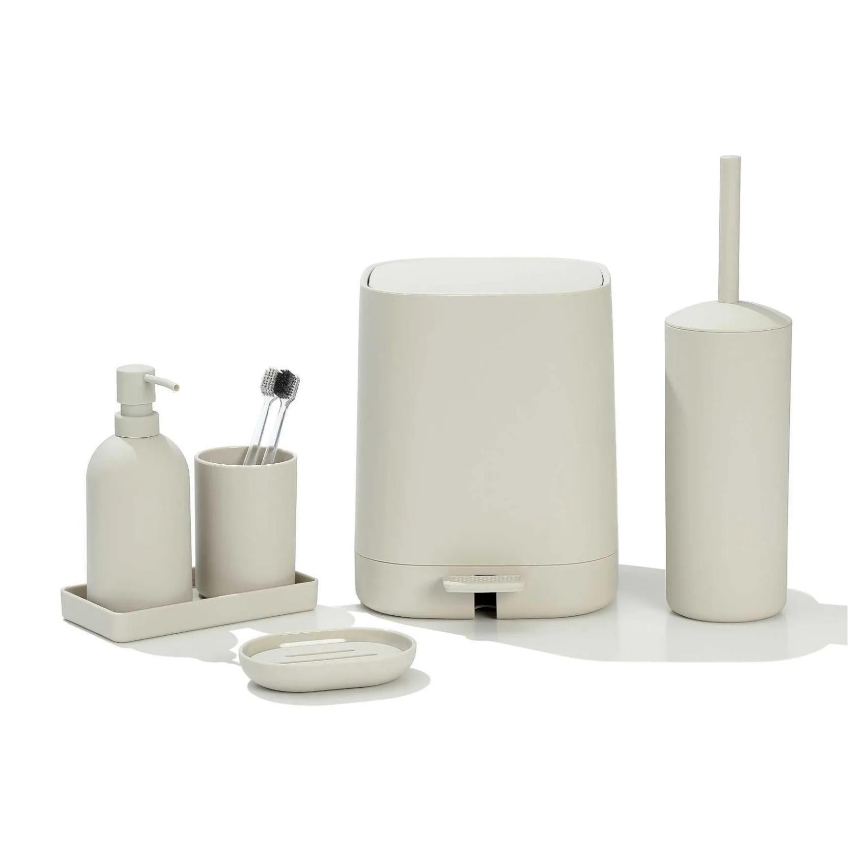 Matte Sand 6-piece bathroom set with step trash can, toilet brush, soap dispenser, tumbler cup, tray, and soap dish