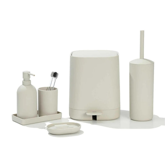 Matte Sand 6-piece bathroom set with step trash can, toilet brush, soap dispenser, tumbler cup, tray, and soap dish