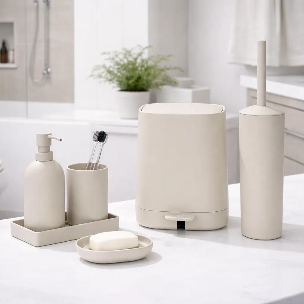   Minimalist matte neutral bathroom accessories set with coordinated countertop tray and soap dish