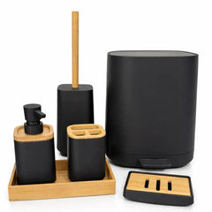 Matte Black bamboo 6-piece bathroom set with step trash can, toilet brush, dispenser, toothbrush holder, tray and soap dish