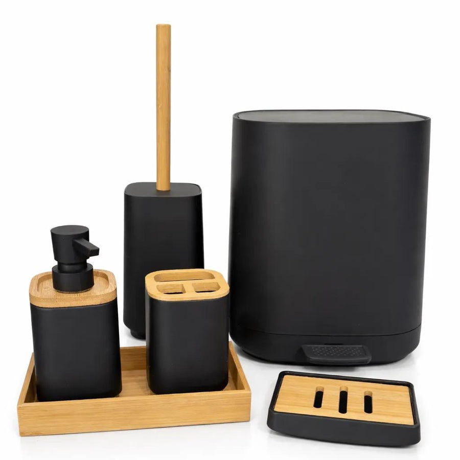 Matte Black bamboo 6-piece bathroom set with step trash can, toilet brush, dispenser, toothbrush holder, tray and soap dish