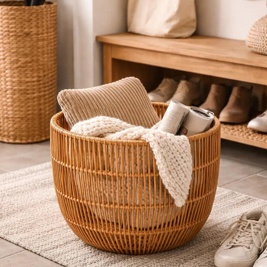 Cognac Faux Rattan Tapered Round Floor Basket