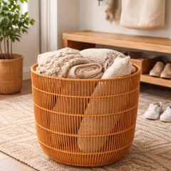 Cognac Faux Rattan Tapered Round Floor Basket