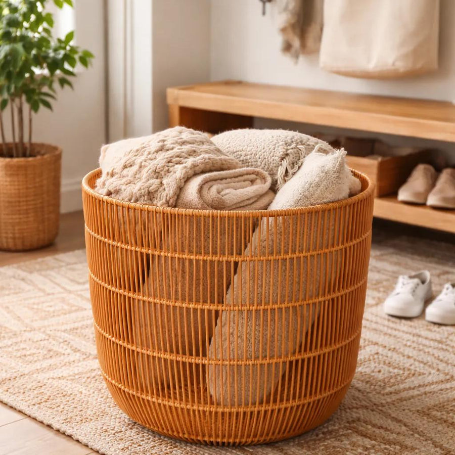 Cognac Faux Rattan Tapered Round Floor Basket