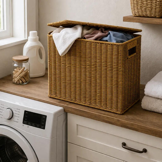 A Clean Lidded Look for Shelves-Rattan Style, Closet-Friendly Proportions