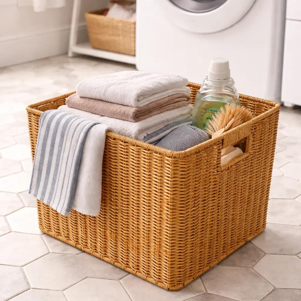 Wicker laundry basket with folded clothes and cleaning supplies on a tiled floor.